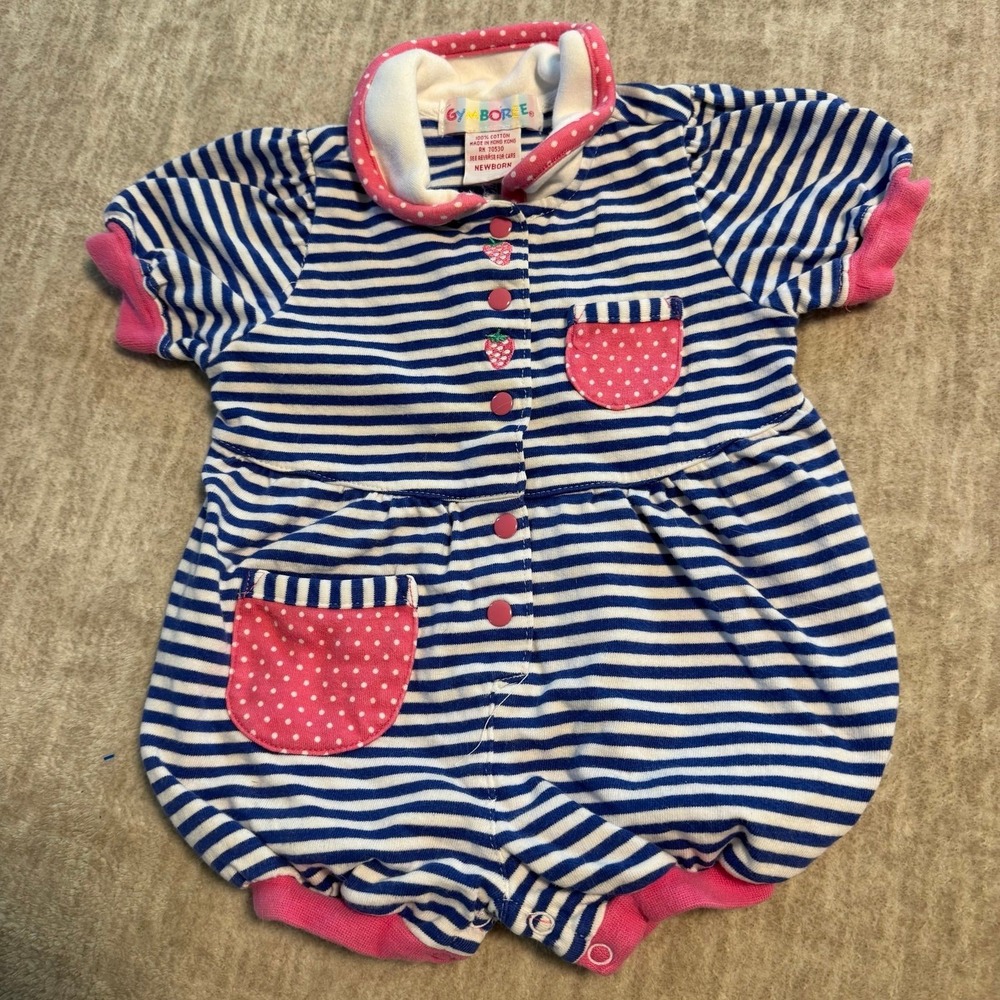 Vintage Gymboree Newborn Romper Blue Stripe Pink‎ Strawberry Bubble Outfit 0-6